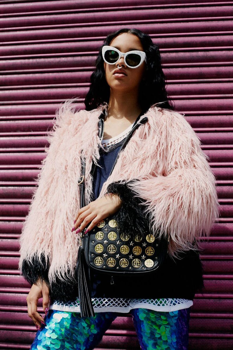 A model in Poppy Lissiman's pink fur coat 