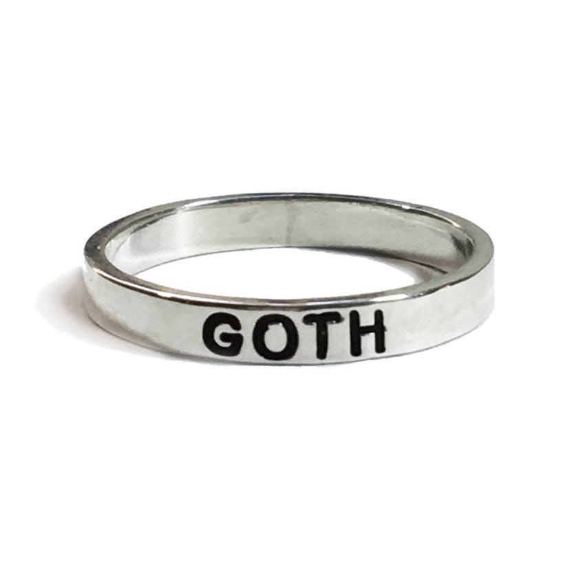 NYLONshop x Tawnie & Brina Collaboration, sliver ring with "Goth" engraved on it