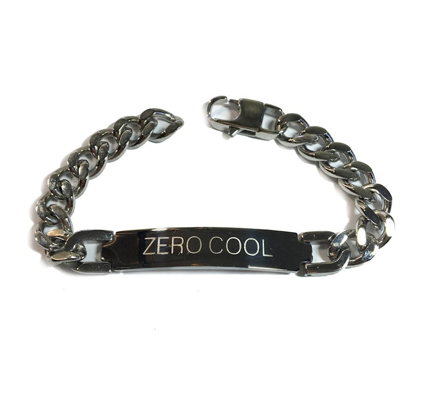 NYLONshop x Tawnie & Brina Collaboration, silver bracelet with "Zero cool" engraved on it