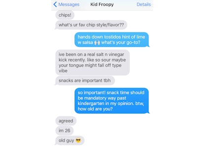 Chat screenshot from iMessage between singer Kid Froopy and Tatiana about chip flavors