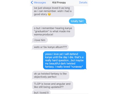 Chat interface from iMessage with singer Kid Froopy telling Tatiana about his favorite Kanye album