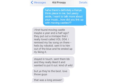 Chat interface from iMessage with singer Kid Froopy telling Tatiana about him sending a remix of Hel...