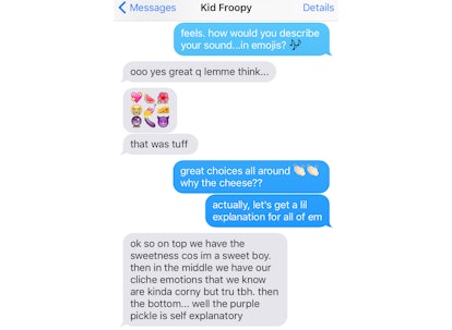 Chat interface from iMessage with singer Kid Froopy descibing his sound in emojis to Tatiana 