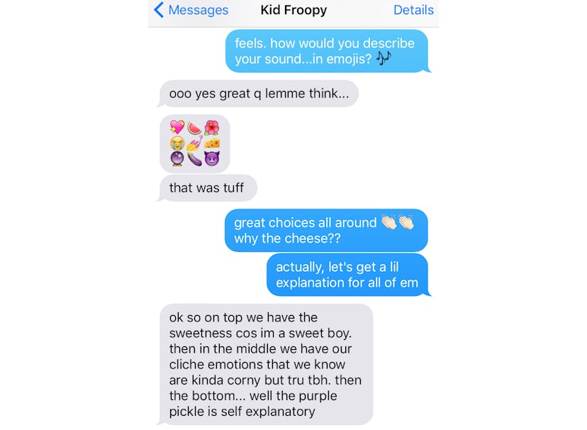 Chat interface from iMessage with singer Kid Froopy descibing his sound in emojis to Tatiana 