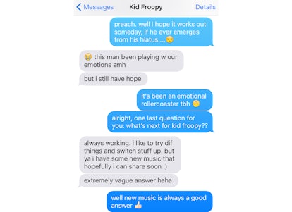Chat interface from iMessage with singer Kid Froopy telling Tatiana about his future goals