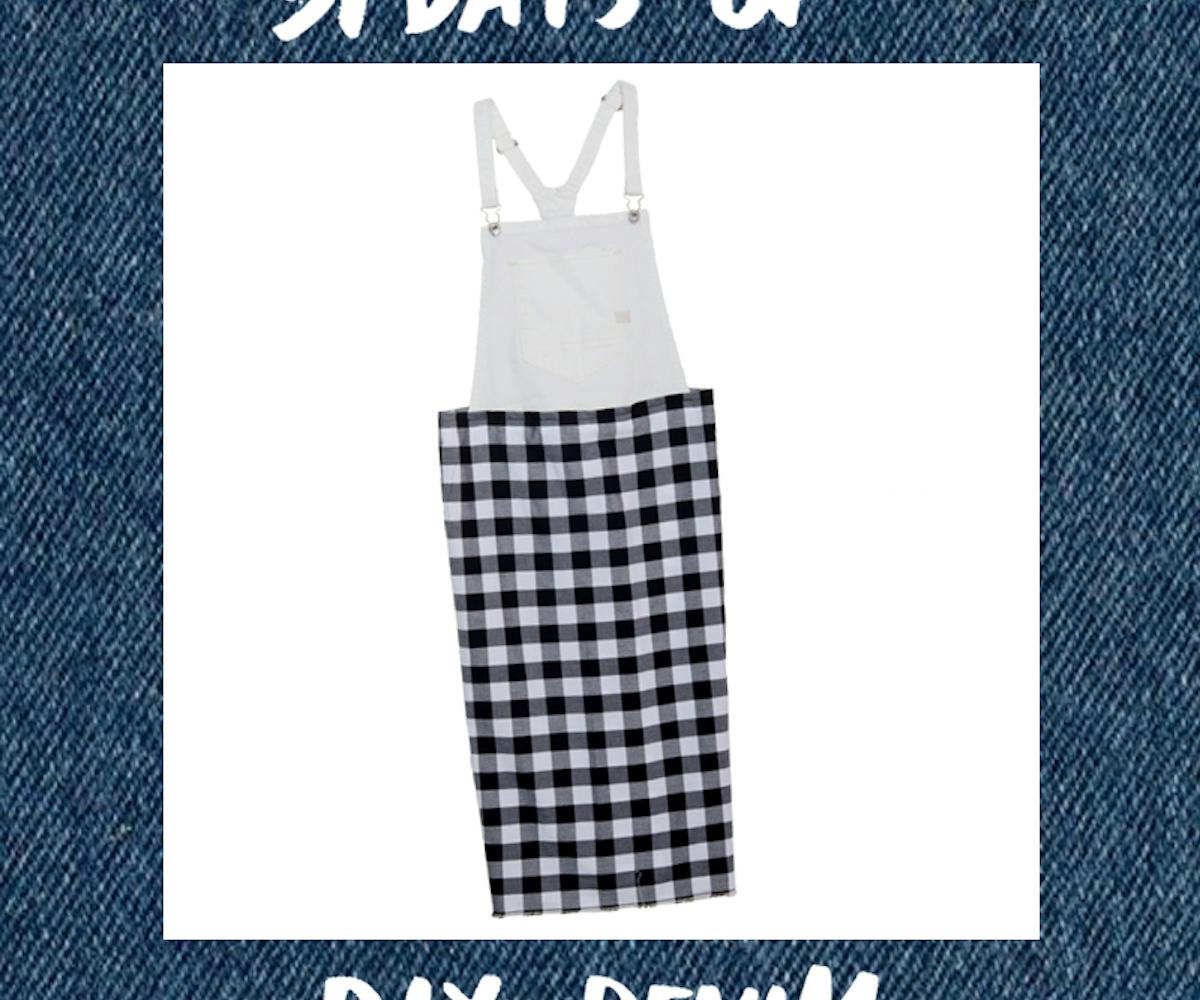 Checkered dress with a white tope, surrounded by the words  "31 days of DIY denim"