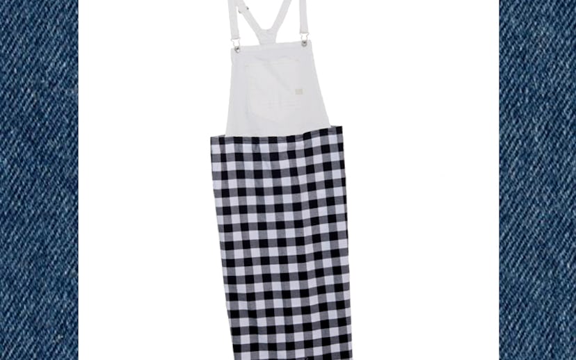 Checkered dress with a white tope, surrounded by the words  "31 days of DIY denim"