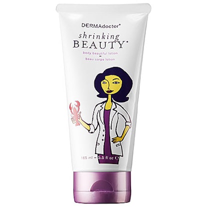 DERMAdoctor's shrinking beauty body beautiful lotion in a white tube package with a purple lid