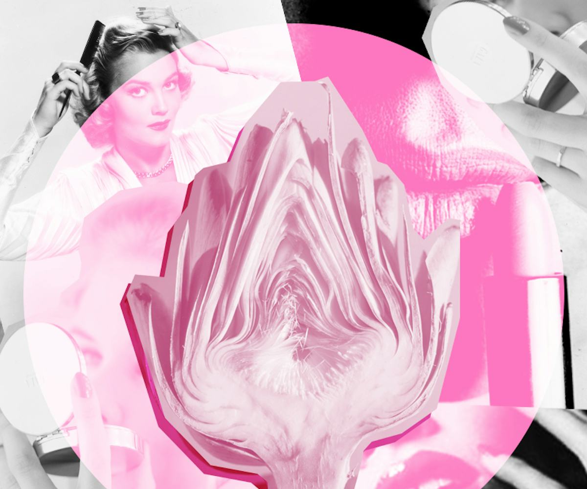 A pink artichoke over a photo of a female model making her hairstyle