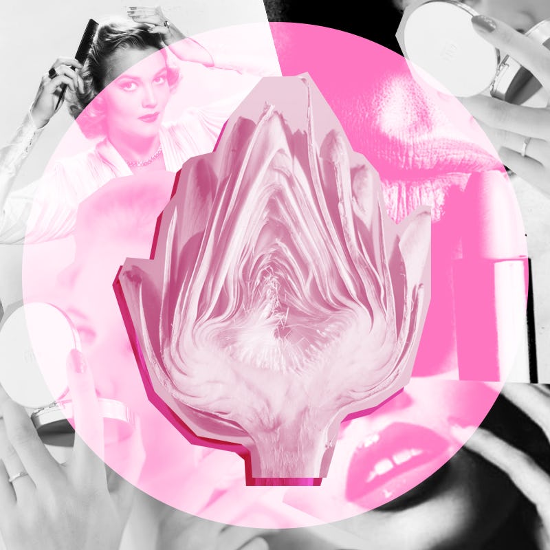 A pink artichoke over a photo of a female model making her hairstyle