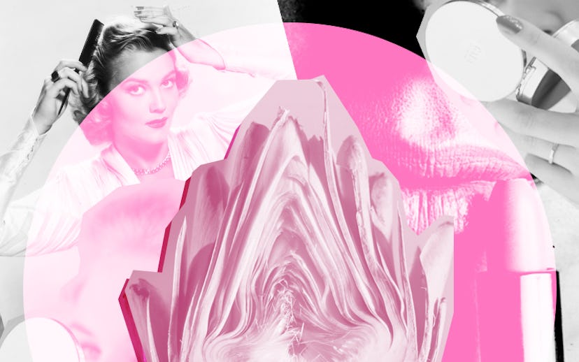 A pink artichoke over a photo of a female model making her hairstyle