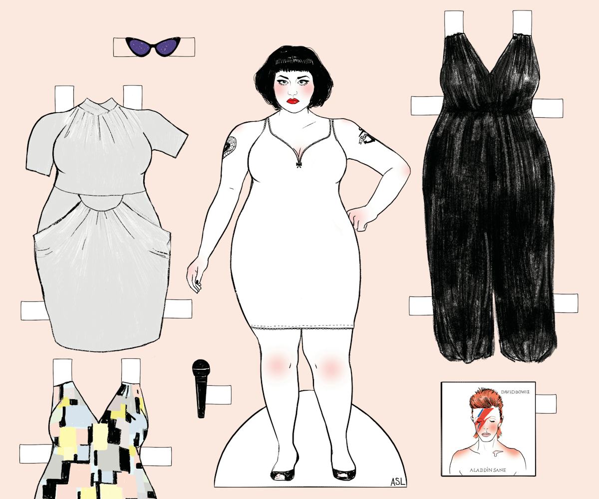 Paper doll dress-up game inspired by fashion diva Beth Ditto with clothes in a punk-rock style