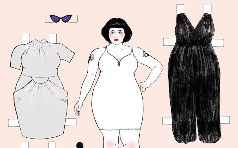 Paper doll dress-up game inspired by fashion diva Beth Ditto with clothes in a punk-rock style