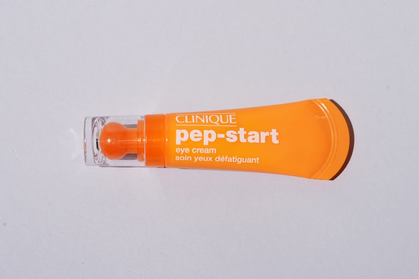 Clinique's Pep-Start eye cream in orange packaging 