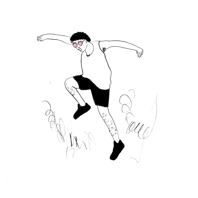 Illustration of a man jumping and dancing while disrupting other people's personal space