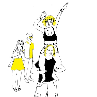 Illustration of a girl sitting on someone's shoulder while blocking the view for other people
