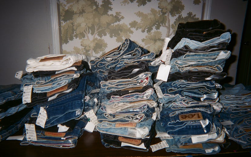 A stack of different types of jeans
