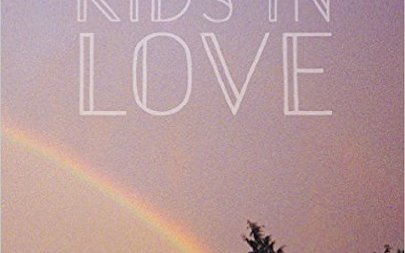 Cover of Olivia Bee's book 'Kids in Love,' with a rainbow in the sky background.