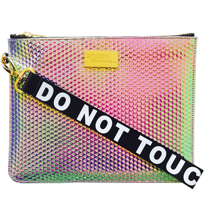 Mermaid print clutch in pink with "Do Not Touch" text