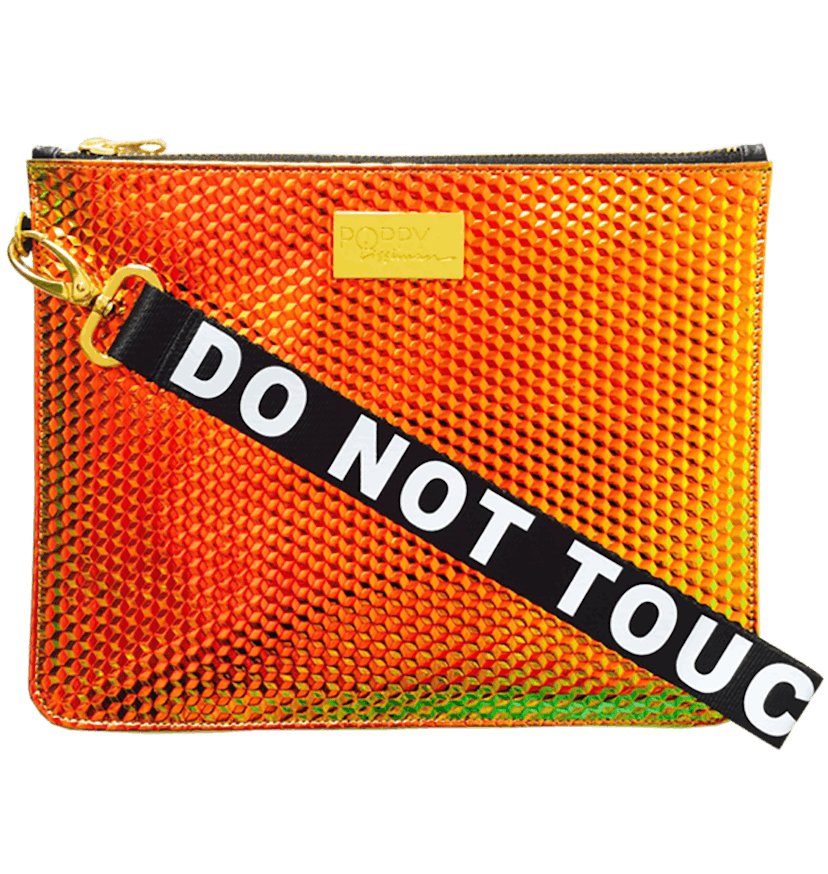 Mermaid print clutch in orange with "Do Not Touch" text