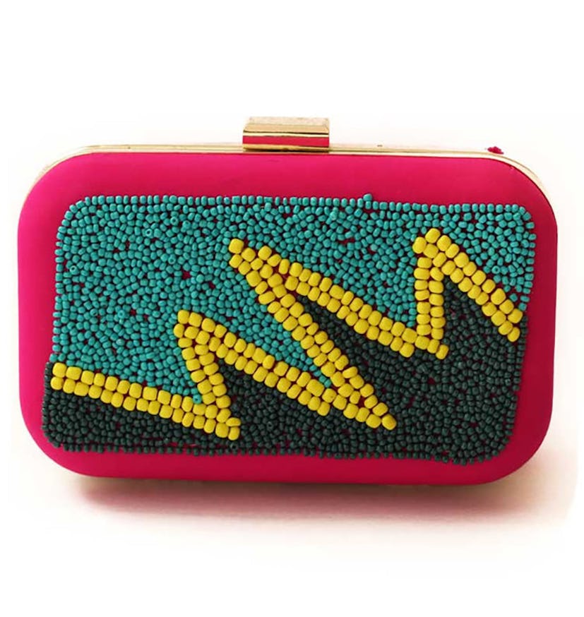 Clutch with a lightning on it in pink, green, and yellow color