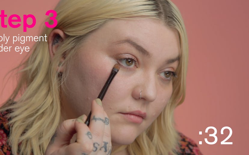 A blonde girl doing the 60 second hack of using one product three ways while putting eye makeup on