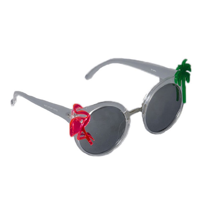 Tropical sunglasses from Rad + Refined collection in gray decorated with a pink flamingo and green p...