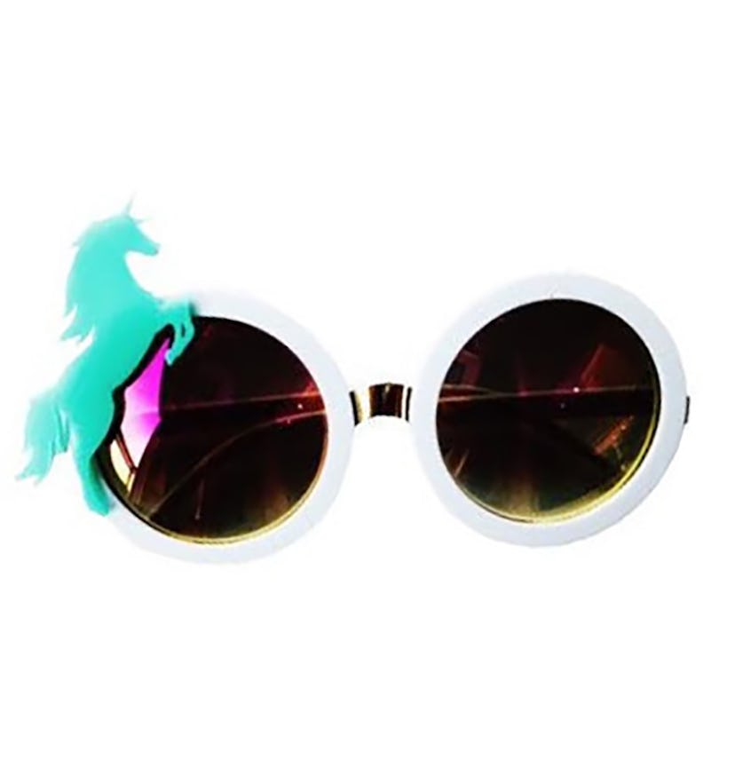 Unicorn Sunglasses from Rad + Refined collection in white decorated with a light blue unicorn