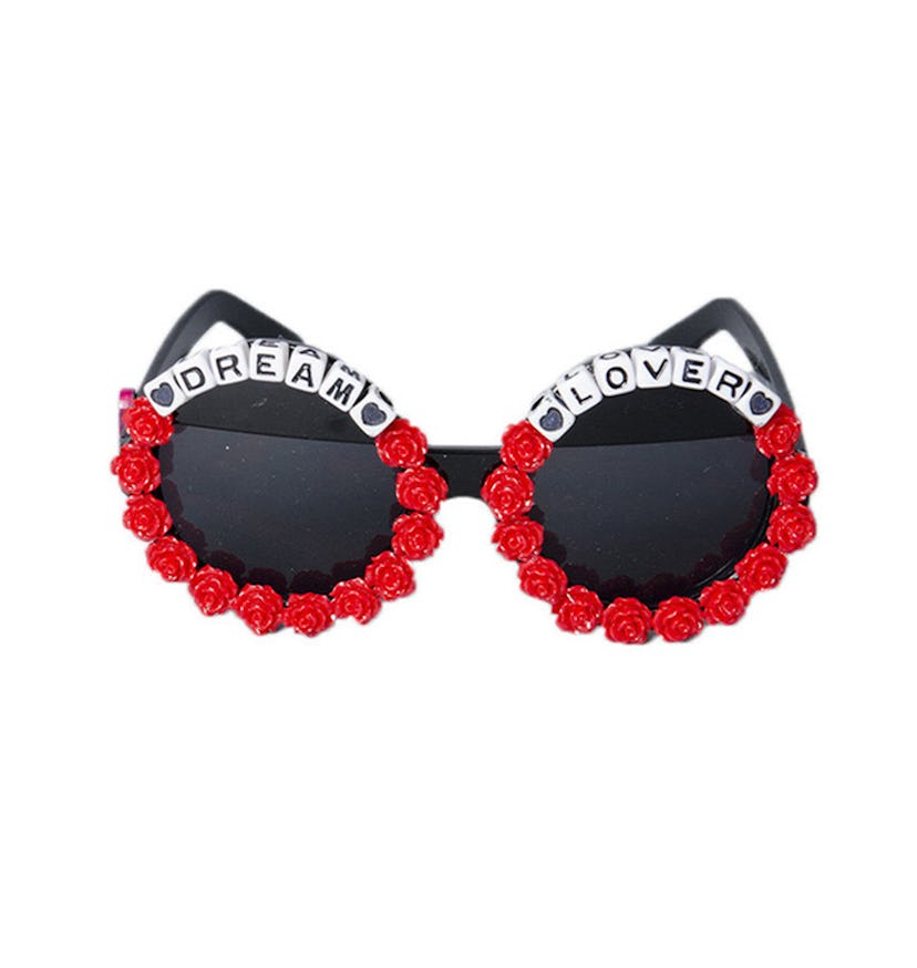 Dream Lover Sunglasses from Rad + Refined collection decorated with white boxes with letters and red...