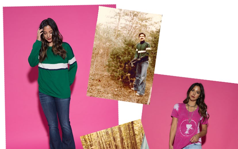Katherine Martinez standing in a green striped sweater next to a picture of her dad wearing the same...