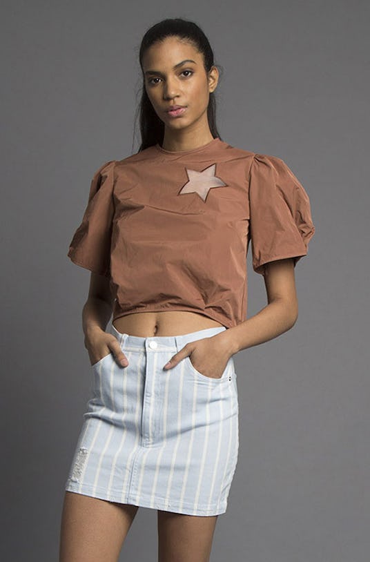 Brown and cropped Missy Skins’ Complete Me Full Sleeve Top worn by a female model