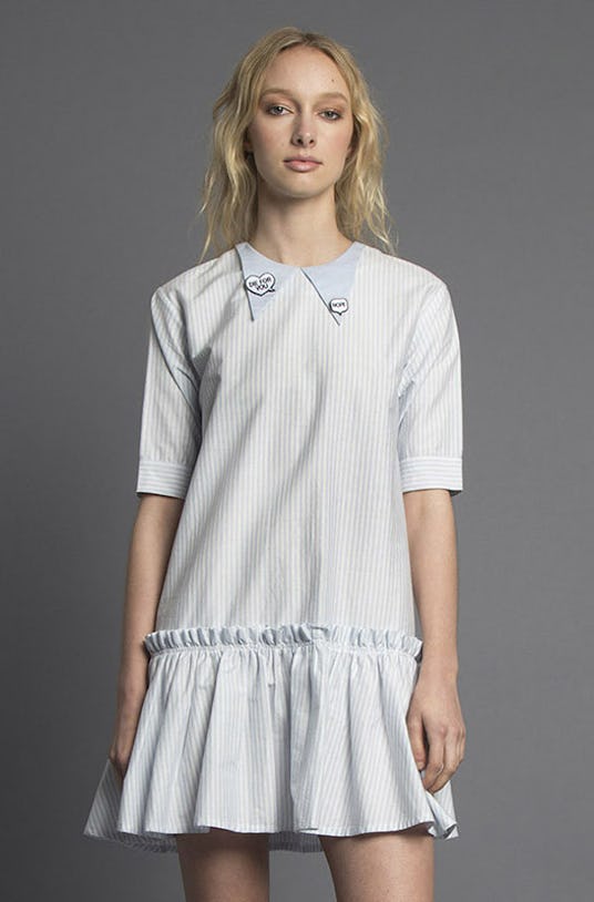 A light blue and white, stripped Nope Shirt Dress, from Missy Skins’ Lovesick collection worn by a f...