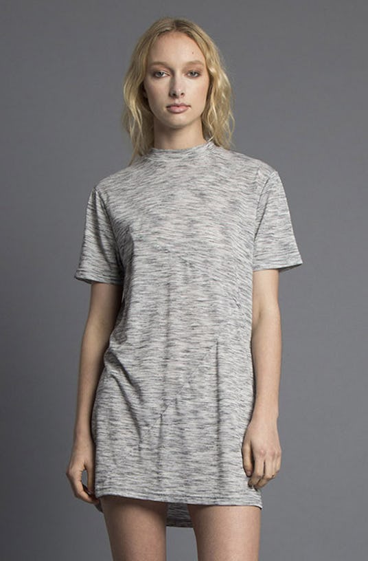 The blonde woman wearing a grey T-shirt dress from Nana Judy’s Spring 2016 Collection in front of a ...