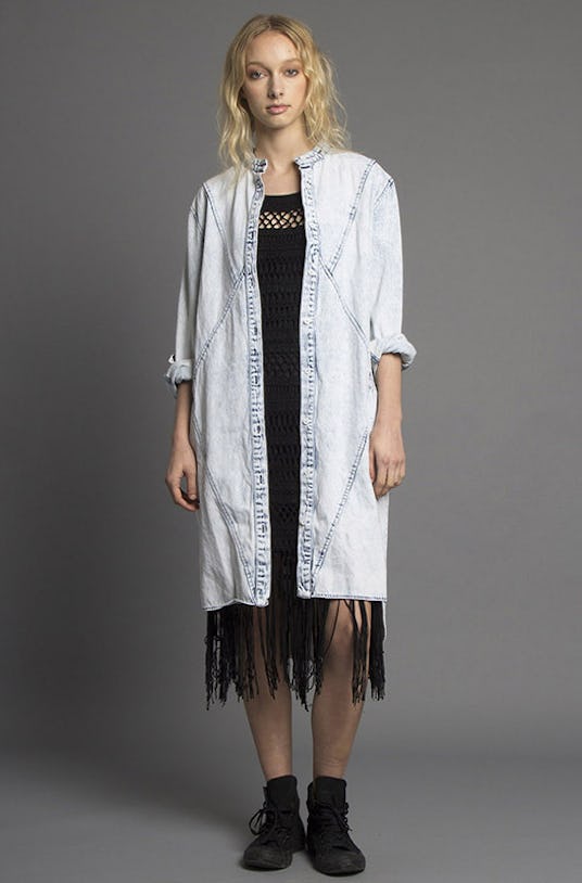 A blonde woman wearing a grey shirt dress from Nana Judy’s Spring 2016 Collection