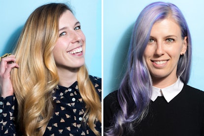 Two photographs of Julie Humeas that are showing her blonde and lilac-blue-silver highlighted hair
