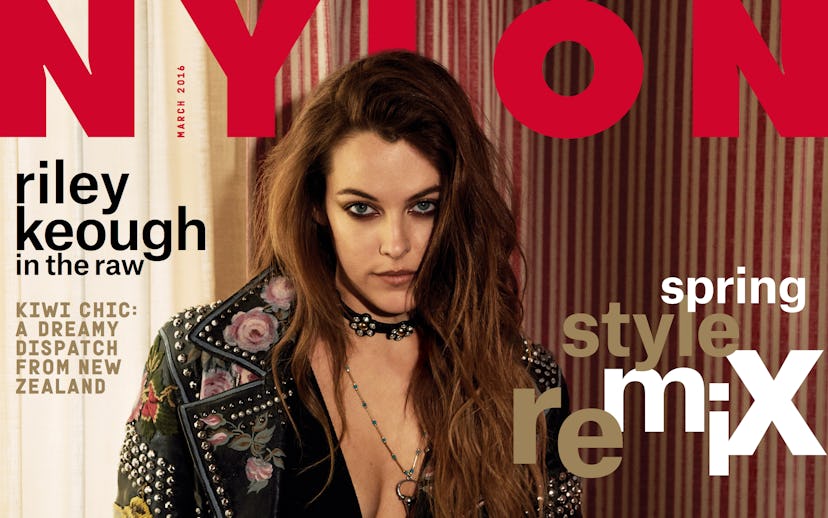 Riley Keough on the cover of Nylon in a bedazzled leather jacket by Gucci and black eye make-up