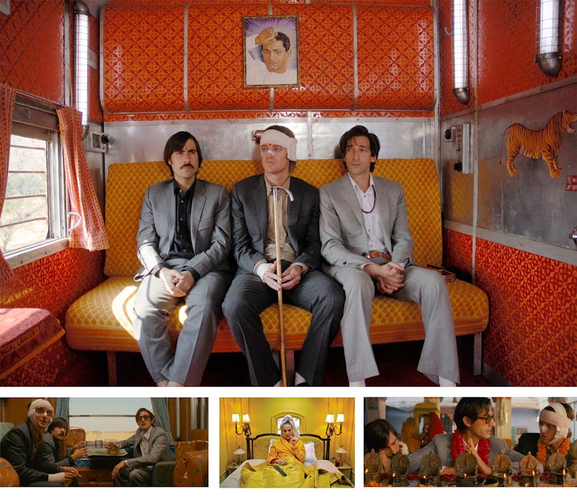Collage of various scenes from The Darjeeling Limited movie