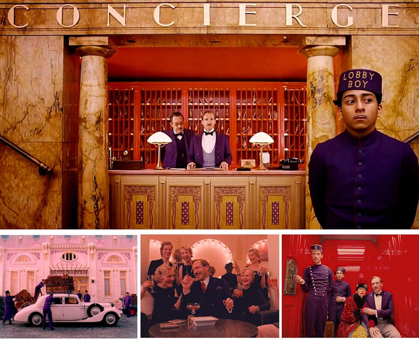 Collage of various scenes from The Grand Budapest Hotel movie