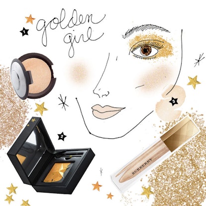 A sketch of a woman's face with the Becca Shimmering Skin Perfector, Givenchy Ondulations and and Bu...