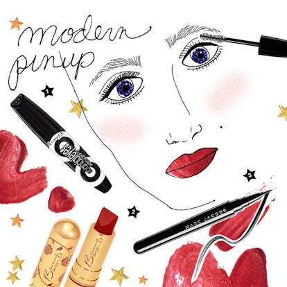 A sketch of a woman's face with Rimmel mascara in Extra Black, Besame lipstick in Red Velvet and Mar...