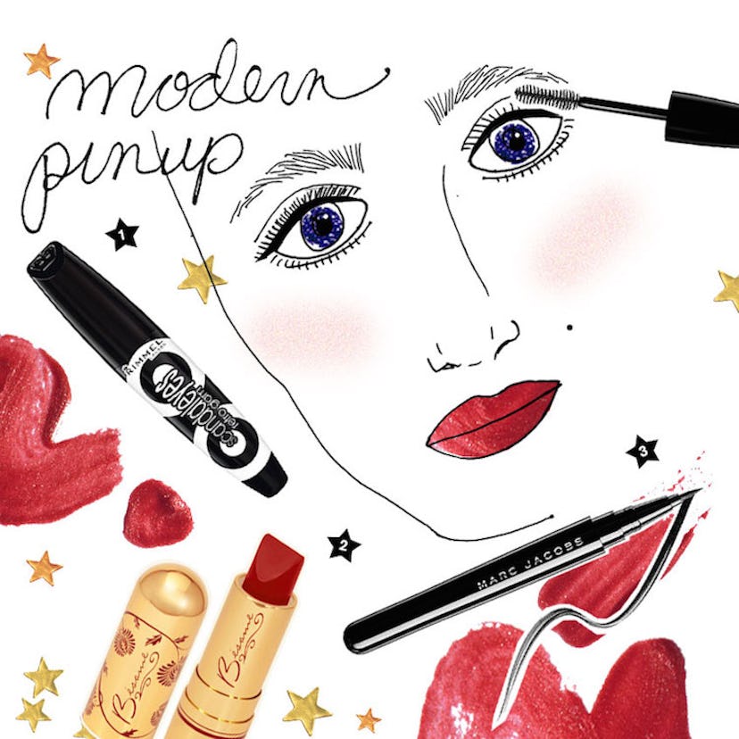 A sketch of a woman's face with Rimmel mascara in Extra Black, Besame lipstick in Red Velvet and Mar...