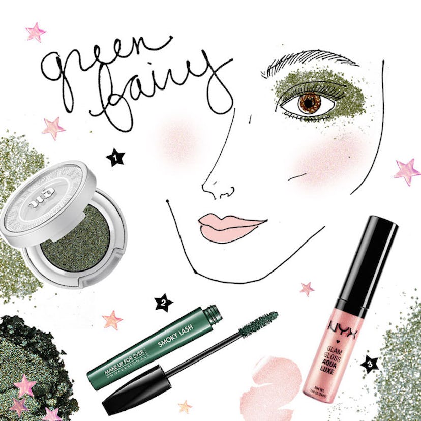 A sketch of a woman's face with Urban Decay's Moondust Eyeshadow, Make Up For Ever Smoky Lash and NY...