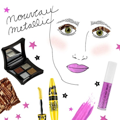 A sketch of a woman with the Illamasqua Liquid Metal palette, Maybelline's mascara and Obsessive Com...