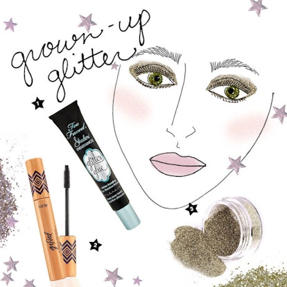 A sketch of a woman with the Too Faced Shadow Insurance glitter glue, Tarte's Gifted  mascara and Vi...