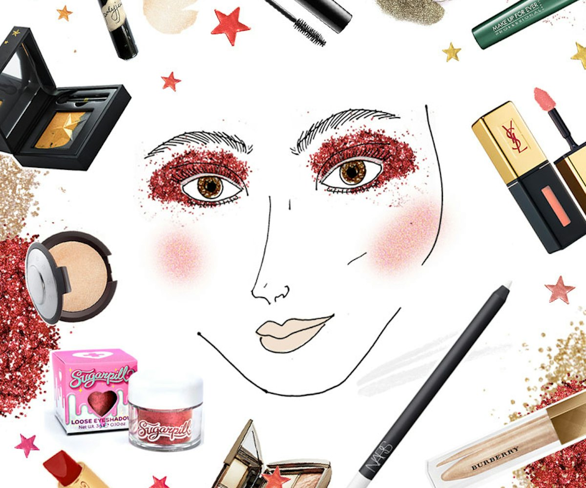 A sketched face with make-up products all around it 