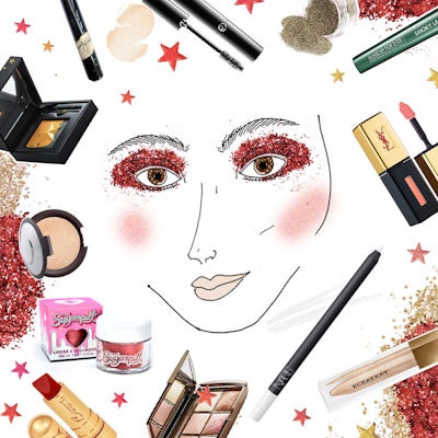 Drawn face with make-up products all around it 
