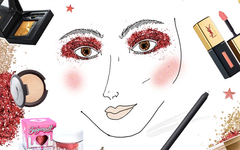 A sketched face with make-up products all around it