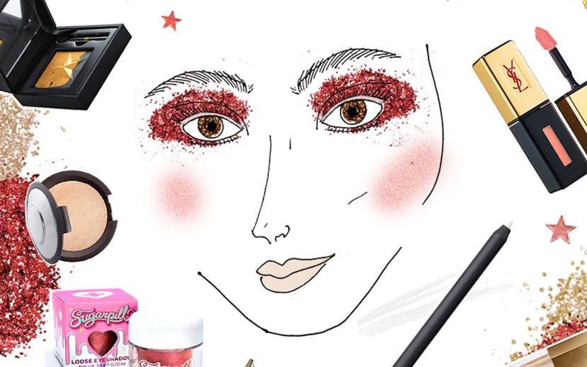A sketched face with make-up products all around it 