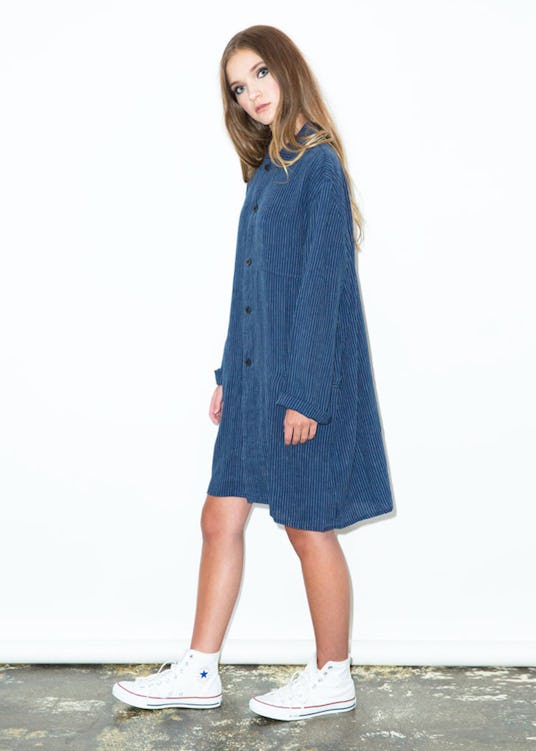 A model in Bethnals' indigo graham duster jacket