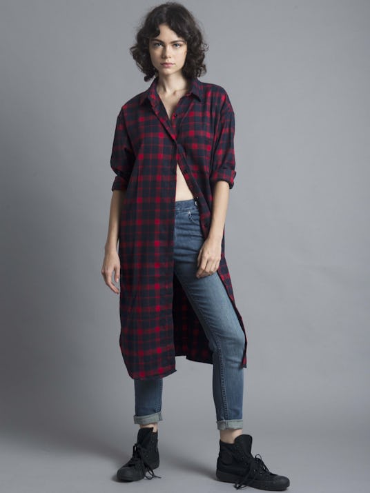 A model in the Shalex Tartan Check shirt dress and jeans 